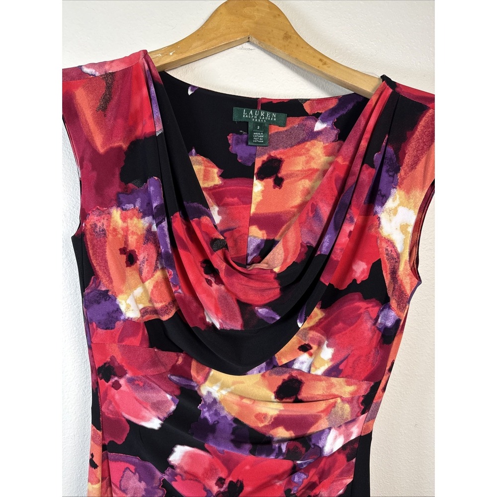 Lauren Ralph Lauren dress Sz 2 floral empire waist Ruching Stretch Draped Neck